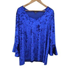 Slinky Brand Royal Blue Crushed Velvet Bell Sleeve Top‎ Womens 1X Plus Size Glam